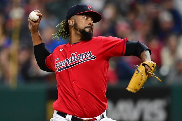 Sep 16, 2023; Cleveland, Ohio, USA; Cleveland Guardians relief pitcher Emmanuel Clase (48) throws a pitch during the ninth inning against the Texas Rangers at Progressive Field.